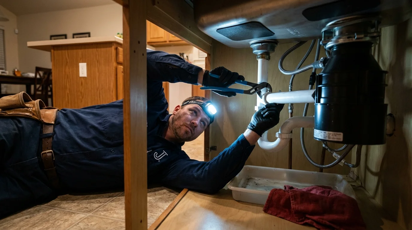 P-trap and supply line connections under a kitchen sink showing a common leak point in Doylestown, PA